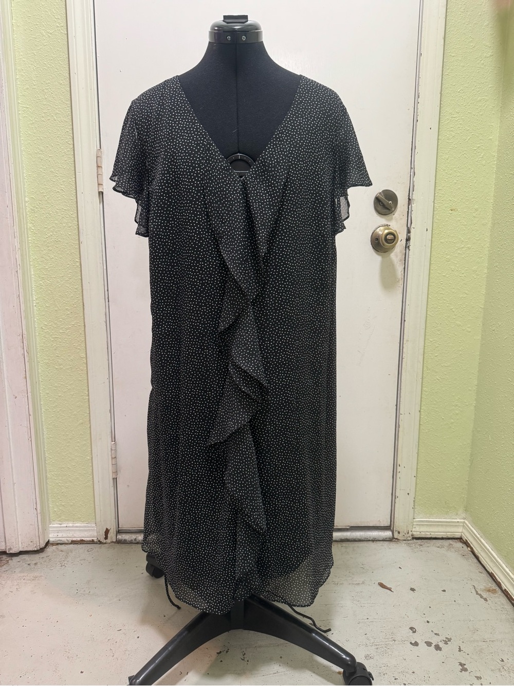 Emma & Michele Black Polka Dot Midi Dress with Ruffle Front 1X